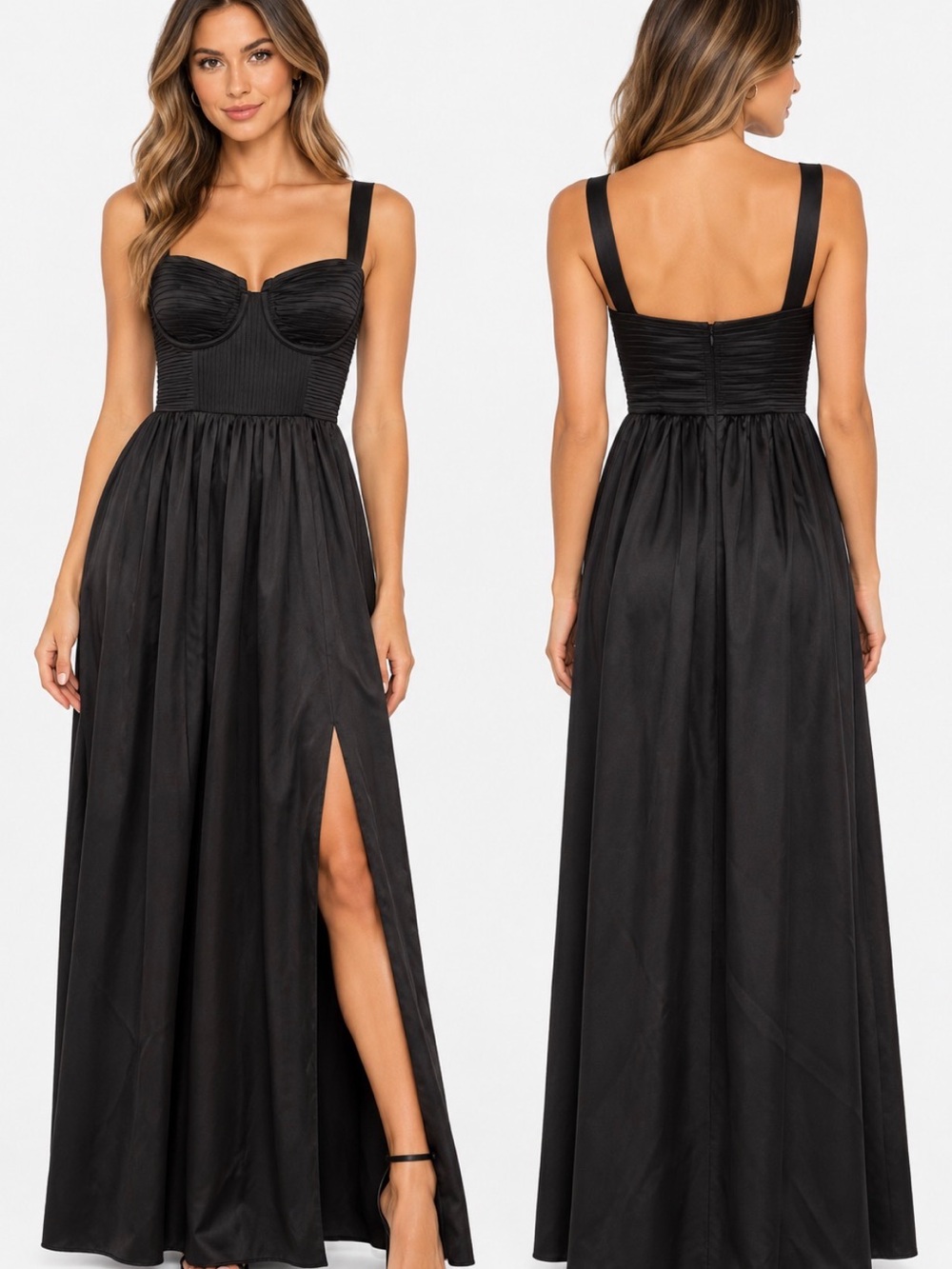 ASTR The Label Black Satin Pleated Bustier Maxi Dress Size M Side Slit